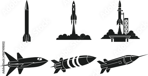 Black Missile and Rocket Silhouette Set with Space Launch Vehicles Military Ballistic Weaponry and Aerospace Exploration Icons for Graphic Design Assets