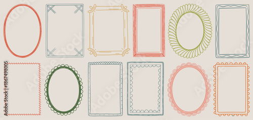 Cute wavy wedding frame, vector hand drawn oval vintage border set. Coquettish celebration design. Elegant classic line decoration background, simple postcard decor. Whimsical invitation frame set.