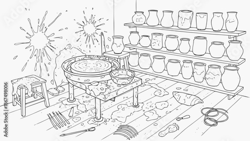 Pottery studio with a messy spinning wheel and shelves of finished pots