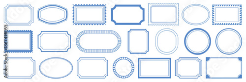 Doodle frame set, vector hand drawn stamp border, vintage abstract wavy post stamp simple design. Blue decorative rectangle label, empty banner shape collection. Coastal retro postmark doodle frame