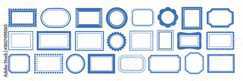 Doodle frame set, vector hand drawn stamp border, vintage abstract wavy post stamp simple design. Blue decorative rectangle label, empty banner shape collection. Coastal retro postmark doodle frame