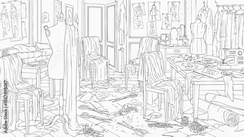 Detailed Line Drawing of a Cluttered Fashion Design Studio Workshop with Mannequins