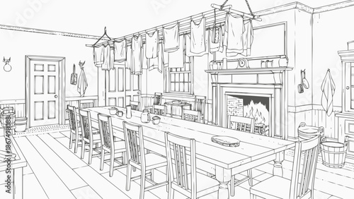 Charming Rustic Dining Room Interior Sketch with Fireplace and Drying Laundry Line Art