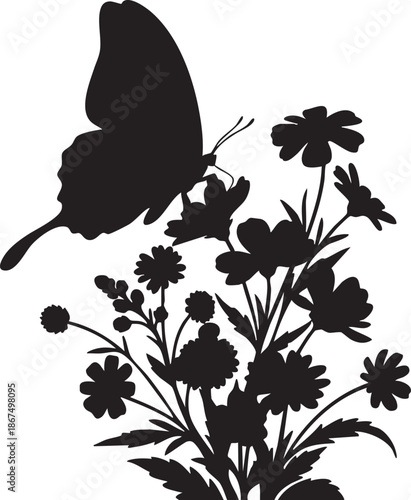 Black silhouette of a butterfly hovering over a bouquet of flowers