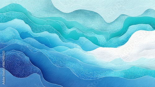 Abstract layered landscape with flowing blue and white watercolor waves