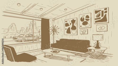 Stylish Retro Living Room with Desert Landscape and Classic Car Passing By in Vintage Illustration