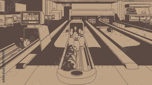 Bowling Alley with Pins and Balls Illustration