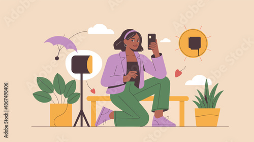 Woman in a purple outfit taking a selfie with her phone on a bench with plants and lighting equipment
