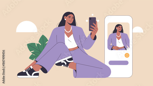 Woman in Purple Outfit Taking Selfie with Smartphone Near Plant