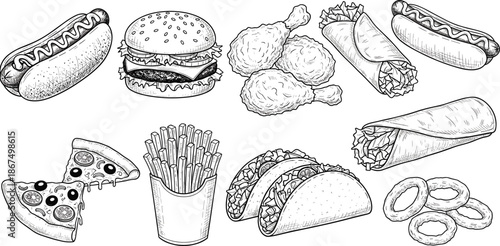 Hand Drawn Vector Fast Food Set with Burger Hot Dog Pizza Tacos French Fries and Fried Chicken for Vintage Restaurant Menus