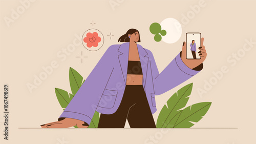 Woman in Purple Blazer Taking Selfie with Smartphone Surrounded by Green Leaves