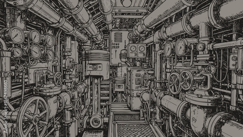 Highly Detailed Engraving Style Illustration of a Retro Industrial Engine Room Interior with Complex Machinery