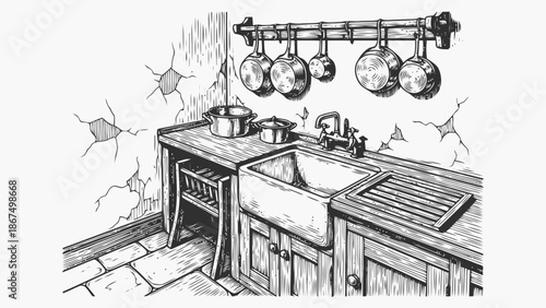 Illustration of a rustic kitchen sink and countertop with hanging pots
