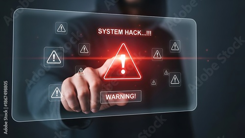 Cyber attack and system hack warning concept with hand touching a red virtual screen with warning alert icons
