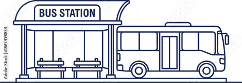 Line Art Illustration of a Modern Bus Station Shelter with Benches and a Public Transport City Bus Isolated on White Background