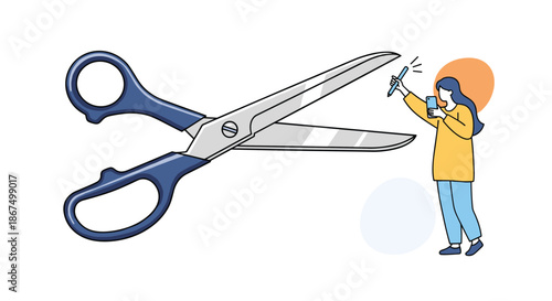 Creative illustration featuring a pair of giant blue scissors and a tiny woman taking a photo with her smartphone.