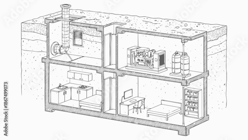 Underground Bunker Living Space with Generator and Amenities