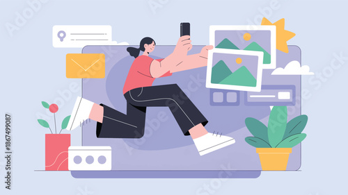 Woman Relaxing on Sofa Using Smartphone and Laptop with Plants Around
