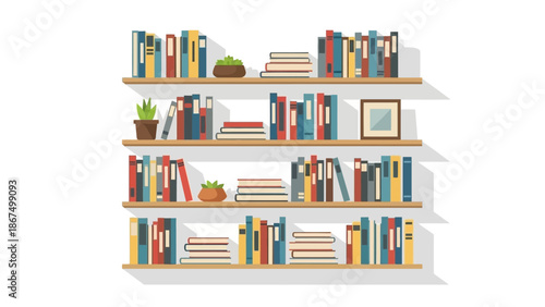 Bookshelf with colorful books, plants, and framed picture