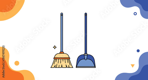 Cleaning equipment set including a traditional straw broom and a blue plastic dustpan isolated with abstract background shapes.