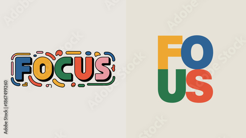 this image displays the word focus in a vibrant and colorful typographical arrangement split into two distinct visual halves high quality professional detailed modern elegant stylish