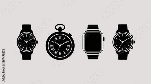 a collection of four distinct timekeeping devices is presented in a flat monochromatic style against a neutral background showcasing varied designs high quality professional detailed modern
