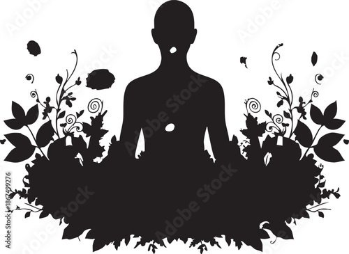 Black silhouette of a meditating person surrounded by floral patterns meditation