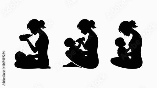 a silhouetted depiction showcases the continuous journey of motherhood illustrating feeding a baby from a bottle to breastfeeding positions high quality professional detailed modern elegant stylish