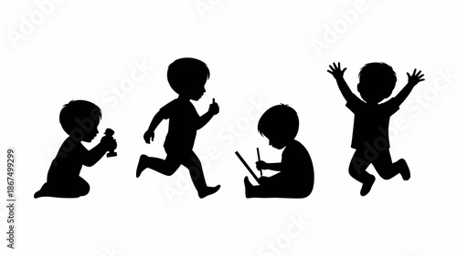 a simple black silhouette illustration depicts the stages of childhood development showing a baby toddler child and a joyous figure high quality professional detailed modern elegant