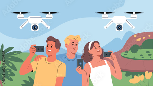 Three people taking selfies with drones flying above them in a scenic outdoor setting, smartphones