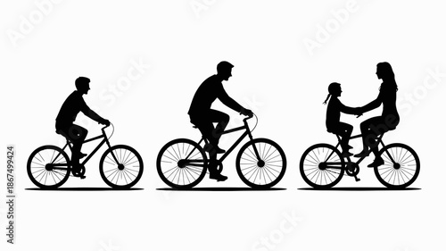 a silhouette illustration depicts a family enjoying a leisurely bike ride together showcasing a man a woman and a child on bicycles high quality professional detailed