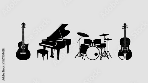 a collection of musical instruments depicted in a flat black silhouette style including a guitar piano drum kit and violin high quality professional detailed modern elegant