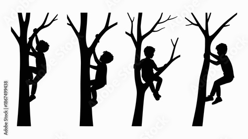 a series of silhouettes depict children playfully climbing on bare trees showcasing a progression of movement and youthful energy high quality professional detailed modern elegant stylish