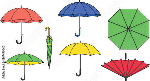 Colorful umbrellas collection vector illustration with open and folded rain umbrellas isolated on white background for weather design