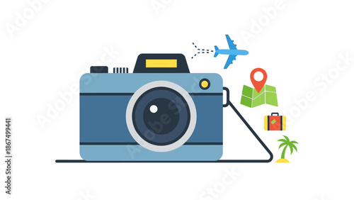 Travel Photography Camera with Icons: Map, Airplane, Suitcase, Palm Tree