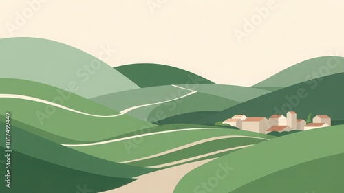 A serene landscape with rolling hills, a winding road, and a small village in the distance, depicted in a minimalist vector illustration.