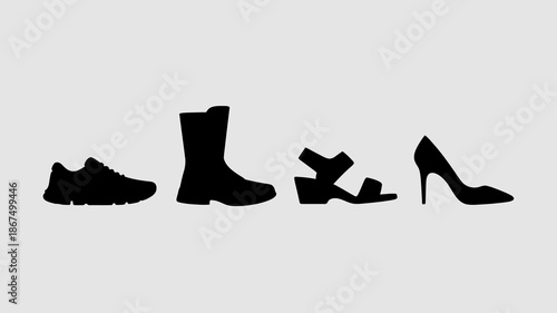 a silhouette arrangement showcasing a diverse collection of footwear including boots sneakers and high heels against a plain background high quality professional detailed modern elegant stylish