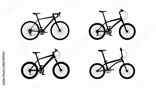 a collection of four distinct bicycle silhouettes displayed against a clean white backdrop showcasing varied frame designs and styles high quality professional detailed modern elegant stylish