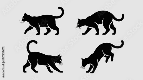 a minimalistic presentation featuring silhouettes of black cats in various dynamic poses showcasing feline grace and movement against a neutral background high quality professional detailed modern