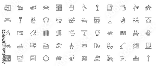 Interior Design icon set. Vector illustration collection. Includes symbols for kitchen, sofa, lamp, table, shelf, bathroom, window, wall and more. Editable stroke.