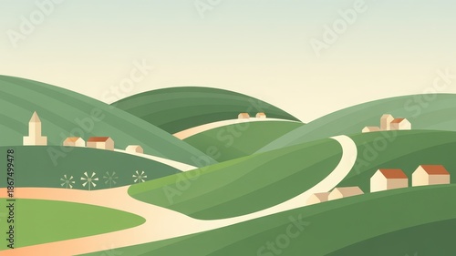 Serene rural landscape with rolling hills, winding road, and village houses in a flat design illustration