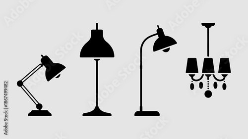 a minimalist depiction of various lighting fixtures including desk lamps a pendant light and a small chandelier all in a black silhouette style high quality professional