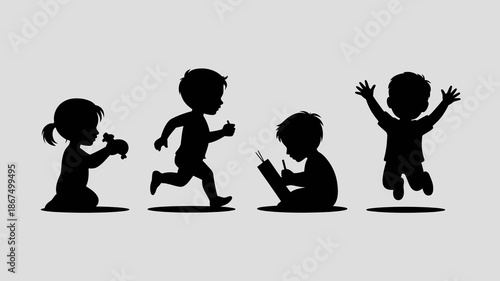 a silhouette depiction of childhood stages showcases a crawling baby toddler running child reading and a joyful jumping kid high quality professional detailed modern elegant stylish