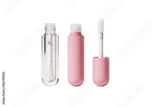 Three makeup tubes including a clear lip gloss and a pink lip gloss with applicator isolated on transparent background