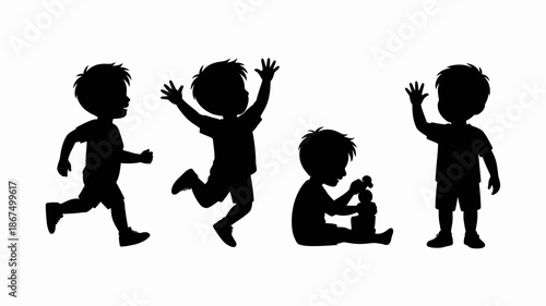silhouette depictions of children engaged in various playful activities such as running jumping sitting and waving showcasing youthful energy high quality professional detailed modern elegant stylish