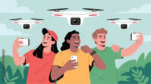 Three friends taking selfies with drones flying above in a park technology aerial des