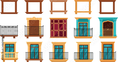 Building Window and Balcony Illustration Set with Architectural Facade Elements, Classic and Modern Exterior Designs for Urban Construction Projects