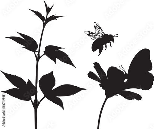 Black silhouette of a plant with leaves and a flower with a flying insect nearby