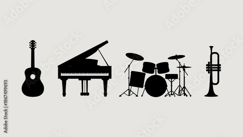 a striking silhouette depiction showcases an acoustic guitar grand piano drum kit and trumpet symbolizing musical instruments and artistic expression high quality professional detailed modern elegant