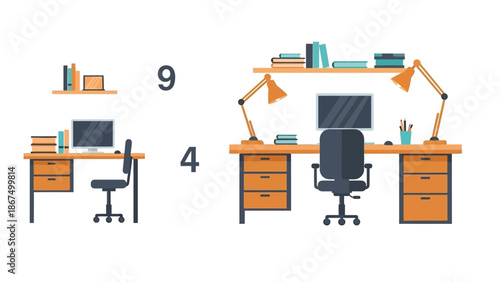 Home office desk setup with computer and shelves